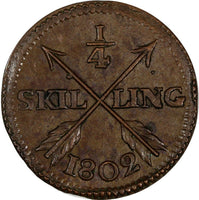 SWEDEN Gustav IV Adolf  Copper 1802 1/4 Skilling Choice XF  KM# 564 (19 595)