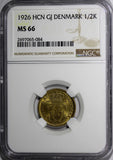 Denmark Christian X 1926 HCN GJ  1/2 Krone NGC MS66  KEY DATE KM# 831.1 (084)