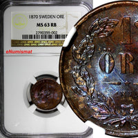 SWEDEN Carl XV Adolf Bronze 1870 1 ORE NGC MS63 RB RED-BROWN KM#705 (002)