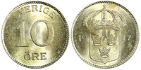 SWEDEN Gustaf V Silver 1917 W 10 Öre Light Toned ch.UNC KM# 780 (22 138)
