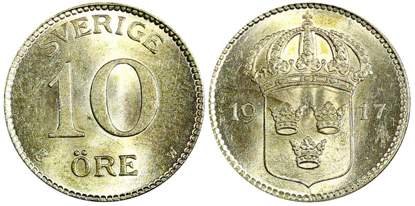 SWEDEN Gustaf V Silver 1917 W 10 Öre Light Toned ch.UNC KM# 780 (22 138)