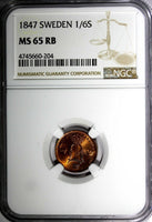 SWEDEN Oscar I Copper 1847 1/6 Skilling NGC MS65 RB TOP GRADED BY NGC KM# 656