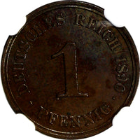 Germany-Empire Wilhelm II Copper 1890-A 1 Pfennig NGC MS63 BN TOP GRADED KM#10