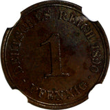 Germany-Empire Wilhelm II Copper 1890-A 1 Pfennig NGC MS63 BN TOP GRADED KM#10