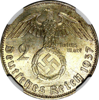 Germany-Third Reich Silver 1937 E 2 Reichs Mark NGC MS63 Hindenburg KM# 93 (037)