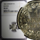 German States BAVARIA Silver 1862 1 Kreuzer NGC MS66+  Nice Toned KM# 858 (34)