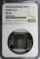 Mozambique Maria II Silver 1843 Onca NGC VG10 C/S over "M" Gomes-12.01 KM# 26.2