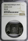 Mozambique Maria II Silver 1843 Onca NGC VG10 C/S over "M" Gomes-12.01 KM# 26.2