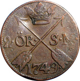 SWEDEN COPPER  Frederick I 1749 2 Ore, S.M.Struck at Avesta Mint KM# 437 (2332)