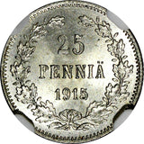 Finland Nicholas II Silver 1915 S 25 Pennia NGC MS64 WWI GEM BU KM #6.2 (022)