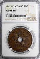 Belgian Congo Free State Leopold II 1887 10 Centimes NGC MS62 BN KEY DATE KM#4