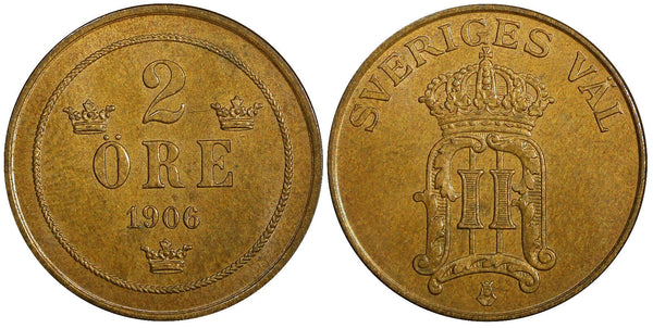 Sweden Oscar II Bronze 1906 2 Öre 2 Years Type GEM BU COIN KM# 769 (21 944)