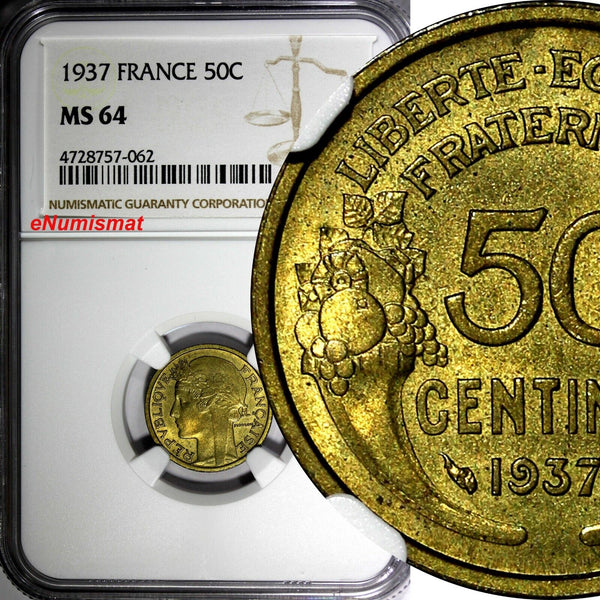 FRANCE Aluminum-Bronze 1937 50 Centimes NGC MS64 KM# 894.1 (062)