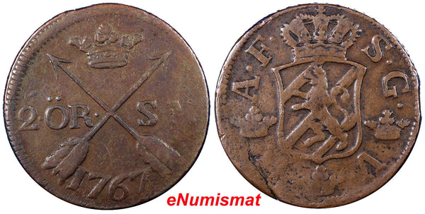 Sweden  Adolf Frederick Copper 1767 2 Ore, S.M. Low Mintage-467,000 KM# 461 (26)