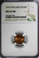 Finland Copper 1919 1 Penni NGC MS65 RB 1st Year Type TOP GRADED KM# 23 (043)