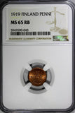 Finland Copper 1919 1 Penni NGC MS65 RB 1st Year Type TOP GRADED KM# 23 (043)