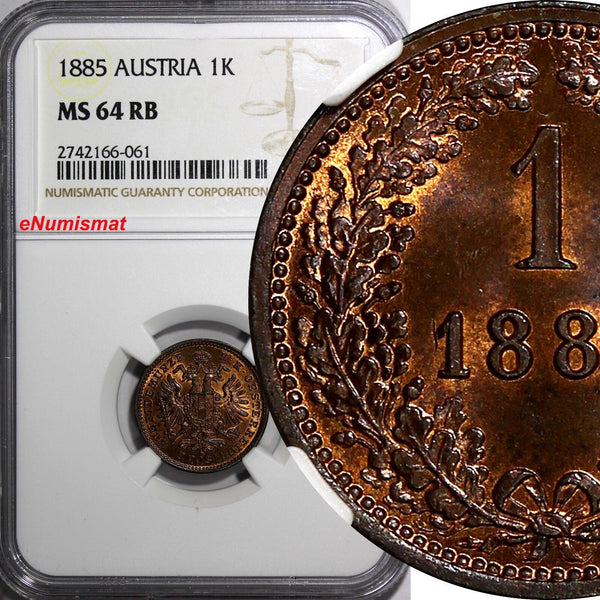 Austria Franz Joseph I Copper 1885 1 Kreuzer NGC MS64 RB Red Toning KM# 2187 (1)