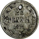 Finland  Alexander II Silver 1871 S 25 Penniä Holed RARE DATE KM# 6.1 (18 728)