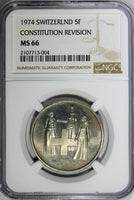 Switzerland 1974 5 Francs NGC MS66 Revision of Constitution TOP GRADED KM#52(4)