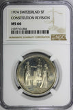 Switzerland 1974 5 Francs NGC MS66 Revision of Constitution TOP GRADED KM#52(4)