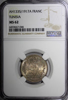 Tunisia Muhammad V Silver AH1335 (1917) A 1 Franc NGC MS62 Toning KM# 238 (046)