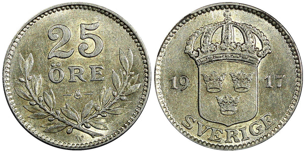 Sweden Gustaf V Silver 1917 W  25 Öre  KM# 785 (22 056)