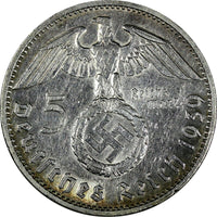 Germany - Third Reich Silver 1939 D 5 Reichsmark Hindenburg XF Cond.KM# 94(17056