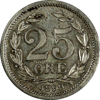 Sweden Oscar II Silver 1899 EB 25 Öre Large Letters XF- aUNC KM# 739 (17 383)