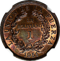 BOLIVIA Bronze 1951 1 Boliviano NGC MS64 RB 1 YEAR TYPE KM# 184 (021)