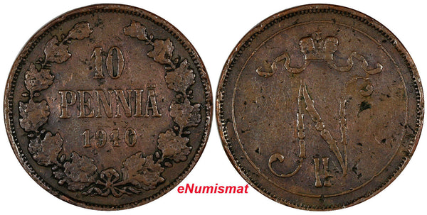 FINLAND Nicholas II Copper 1910 10 Penniä Low Mintage-241,000 RARE KM# 14 (531)