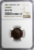 Great Britain Victoria Bronze 1881 Farthing 3 BERRIES NGC MS62 BN KM# 753 (076)
