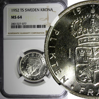 Sweden Gustaf VI Silver 1952 TS Krona NGC MS64 BETTER DATE KM# 826 (077)