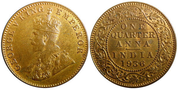 India-British George V Bronze 1936 (B) 1/4 Anna UNC Toned KM# 512  (23 662)