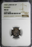 GREAT BRITAIN George V 1920  3 Pence Maundy NGC MS62 Rainbow Toned KM# 813 (68)