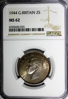 Great Britain George VI Silver 1944 Florin 2 Shillings NGC MS62 TONED KM#855 (3)