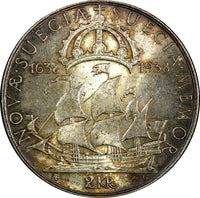 SWEDEN Silver 1938 G 2 Kronor 300th Settlement of Delaware High Grade KM#807 (8)