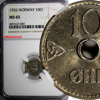 Norway Haakon VII Copper-Nickel 1926 10 Ore NGC MS65 TOP GRADED  KM# 383 (083)