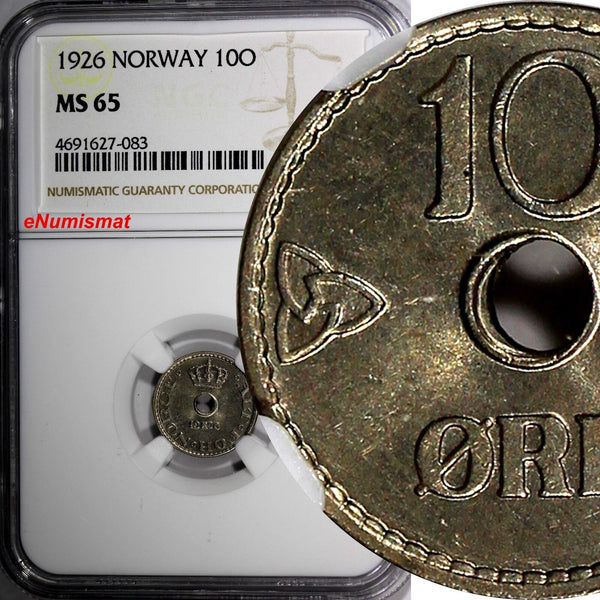 Norway Haakon VII Copper-Nickel 1926 10 Ore NGC MS65 TOP GRADED  KM# 383 (083)