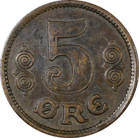 Denmark Christian X Bronze 1916 VBP GJ 5 Ore BETTER DATE KM# 814.1 (21 236)