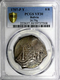 BOLIVIA Philip V Silver 1707 P-Y Cob 8 Reales PCGS VF30 RARE KM# 31 (508)