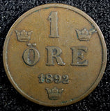 SWEDEN Oscar II Bronze 1892 1 Ore Low Mintage-280,000 RARE DATE KM# 750 (22 145)
