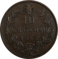 Italy Vittorio Emanuele II Copper 1867 OM 10 Centesimi Strasbourg KM# 11.5 (333)