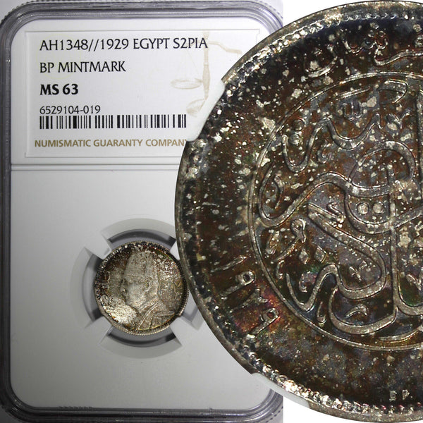 Egypt Fuad I Silver AH1348 / 1929 BP 2 Piastres Mint-500,000 NGC MS63 KM#348(9)