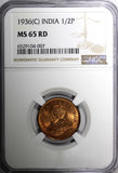 India-British George V Bronze 1936 (C) 1/4 Pice NGC MS65 RD LAST DATE KM#510 (7)