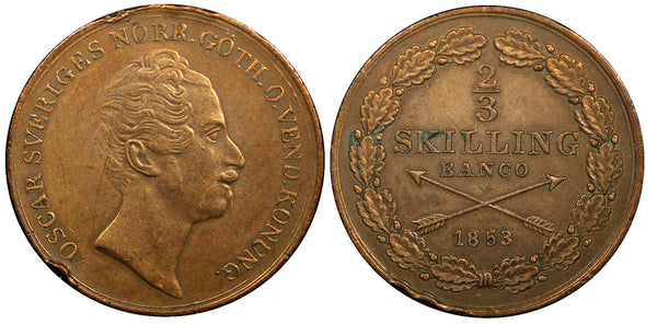 SWEDEN Oscar I Copper 1853 2/3 Skilling Mintage-52,000 Better Date KM# 663 (49)