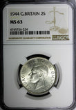 GREAT BRITAIN George VI Silver 1944 Florin /2 Shilling NGC MS63 WWII Issue KM855