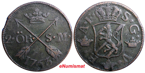 SWEDEN COPPER Adolf Frederick 1763 2 Ore,S.M  Low Mintage:401,000 KM#461(2375)