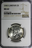 GREAT BRITAIN George VI Silver 1945 Florin /2 Shilling NGC MS62 WWII Issue KM855