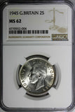 GREAT BRITAIN George VI Silver 1945 Florin /2 Shilling NGC MS62 WWII Issue KM855