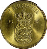 Denmark Frederik IX Aluminum-Bronze 1952 N S 2 Kroner NGC MS64 31mm KM# 838.1